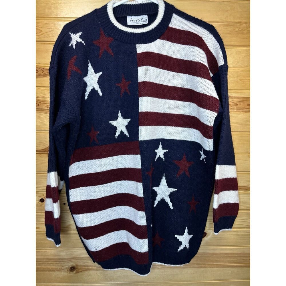 Vintage Private Eyes Sweater Women's XL Stars &‎ Stripes American Flag USA Made